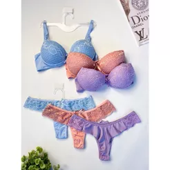 Kit 3 Conjuntos Calcinha Sutiã de Renda com Bojo Moldado Lingerie Confortável Moda Intima Feminino