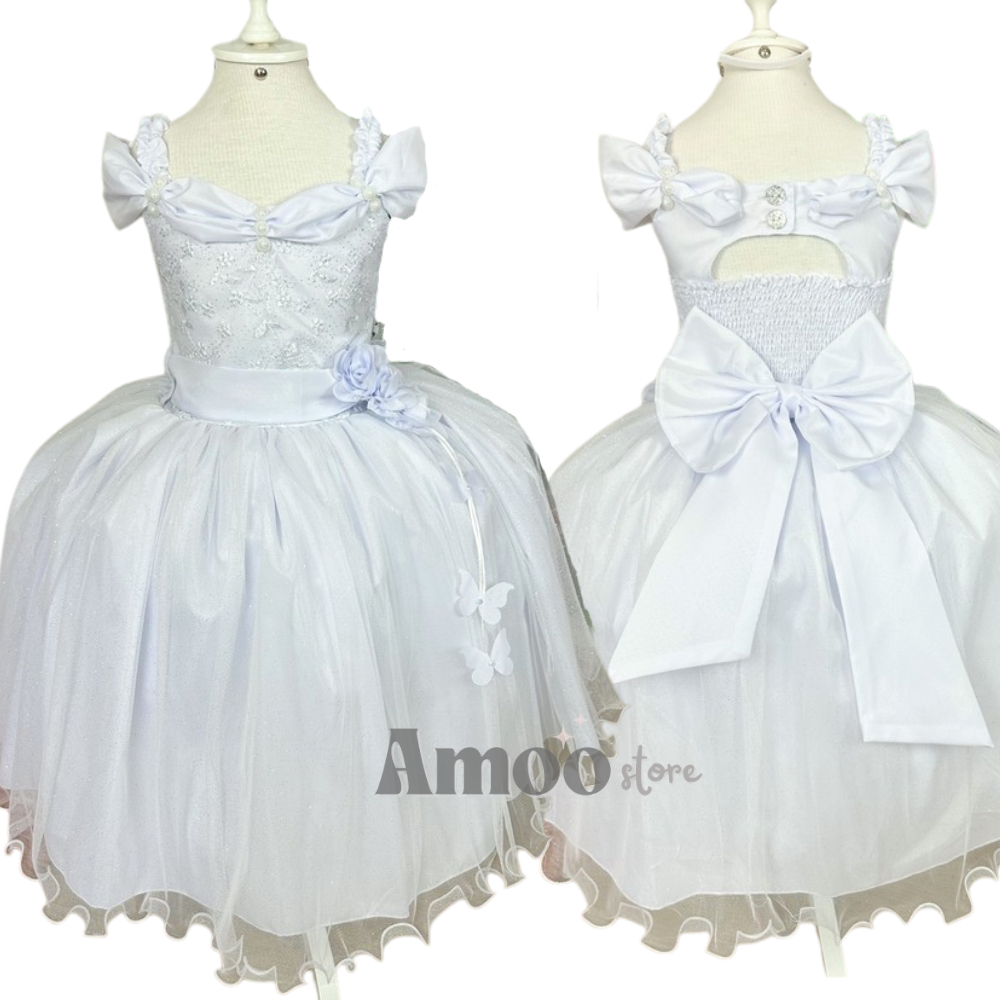 Vestido Luxo Manga Princesa Branco Longo 1 ao 14 Renda Tule Casamento Noivinha Florista Dama de Honra Daminha Batizado