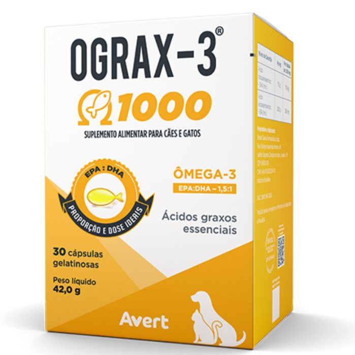 Ograx-3 1000 Ômega 3 Caixa c/30 Caps Àcidos Graxos Essenciais p/Cães e Gatos