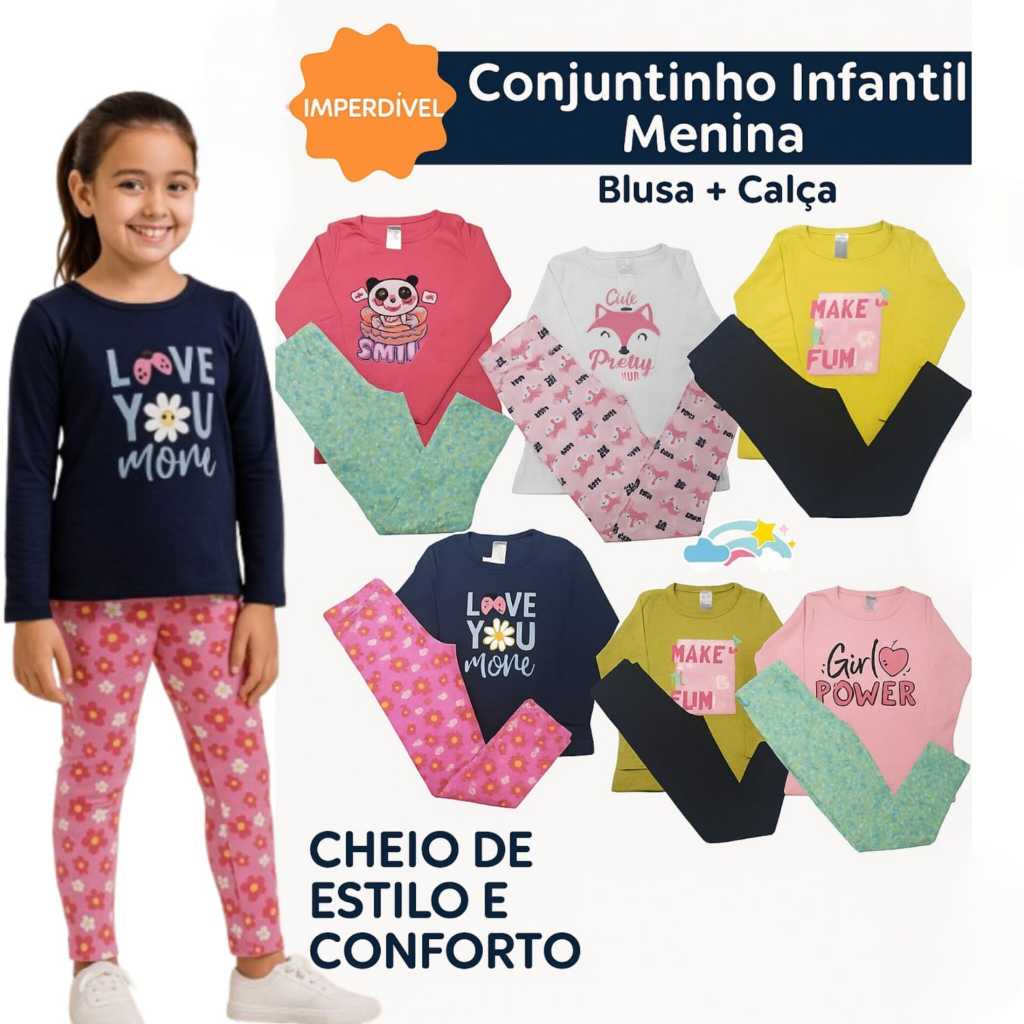 Conjunto Feminino Meia Estação Infantil Menina–Camiseta Manga Longa + Calça Legging| Tamanho 6 e 8