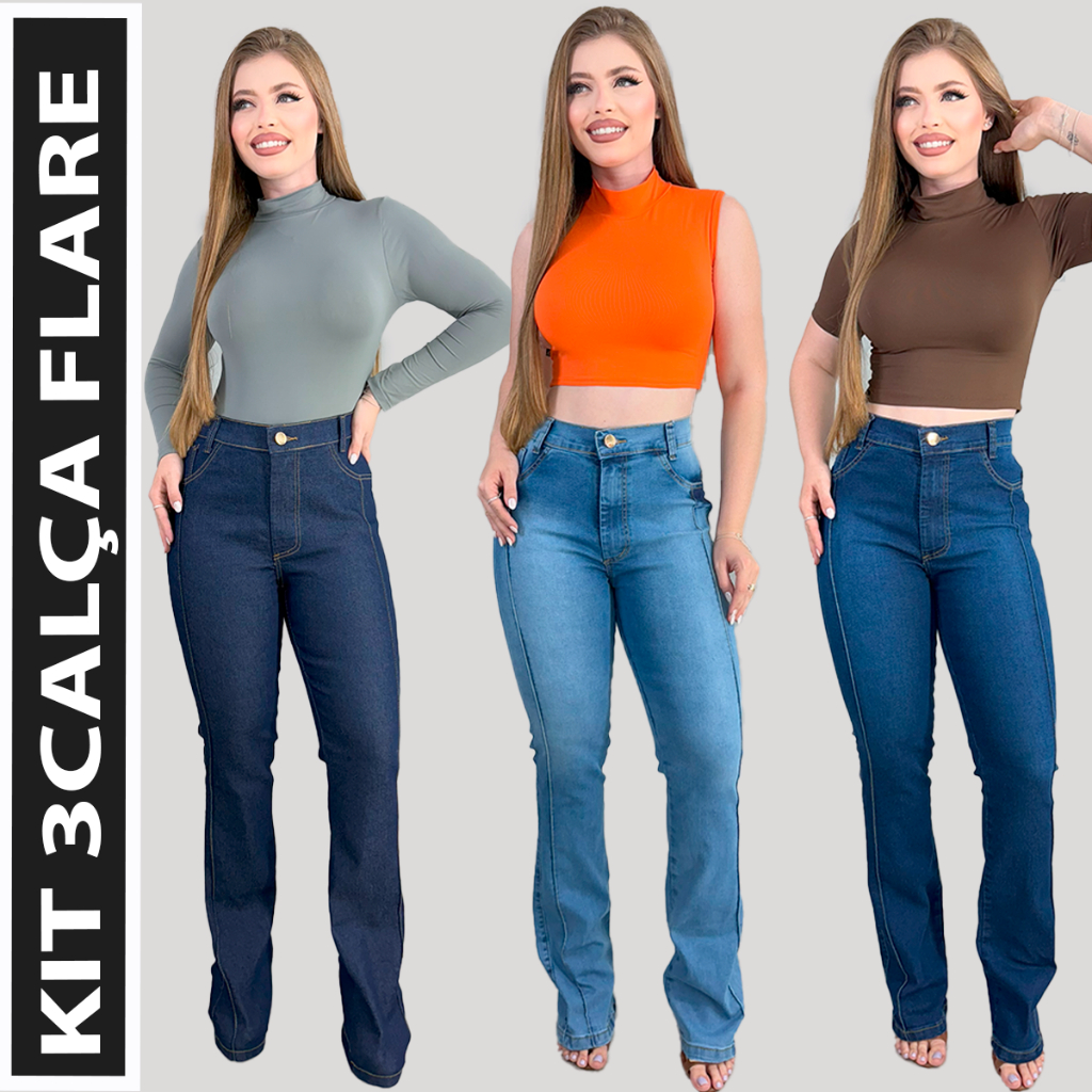 Kit 3 Calça Jeans Feminina Flare Cos Alto Levanta Bumbum  Com Lycra Boca De Sino Detalhe Nervura