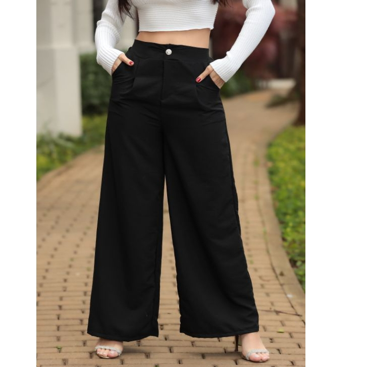 Calça Pantalona Boca de Sino Feminina Estilo Paolla Oliveira – Cintura Alta, Tecido Duna Com Botão e Elástico na Cintura