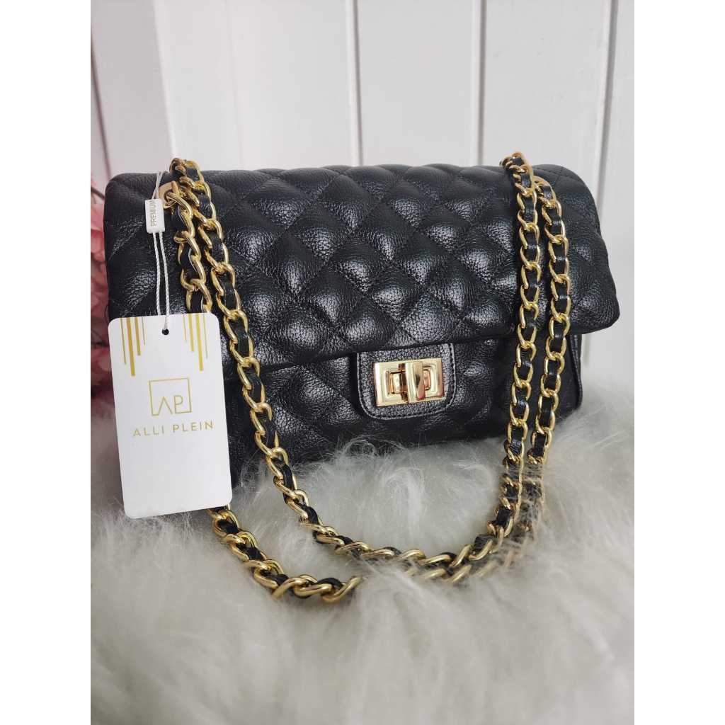 Bolsa em couro legítimo com corrente super chique, moda tendência