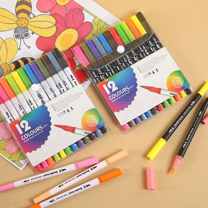 Kit 12/24/36/48 Cores Caneta 2 em 1 Brush Lettering e Ponta Fina Dual Pen Canetinha Colorir Desenho em Oferta na Shopee