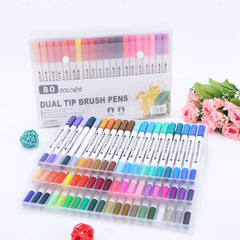 Kit 60/80/100/120 Cores Caneta 2 em 1 Brush Lettering e Ponta Fina Dual Pen Canetinha Colorir Desenho-minimeow