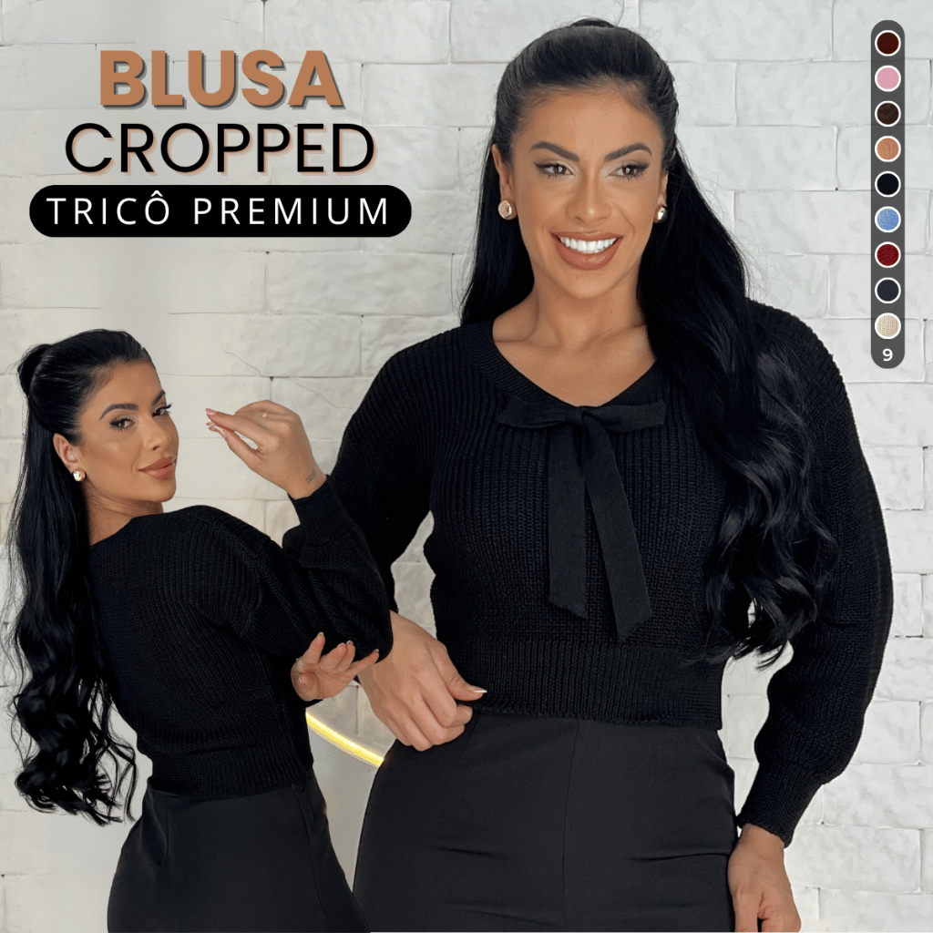 Blusa Cropped Feminino Tricot Decote V Laço Manga Longa Blusa de Frio Feminina Moda Blogueira