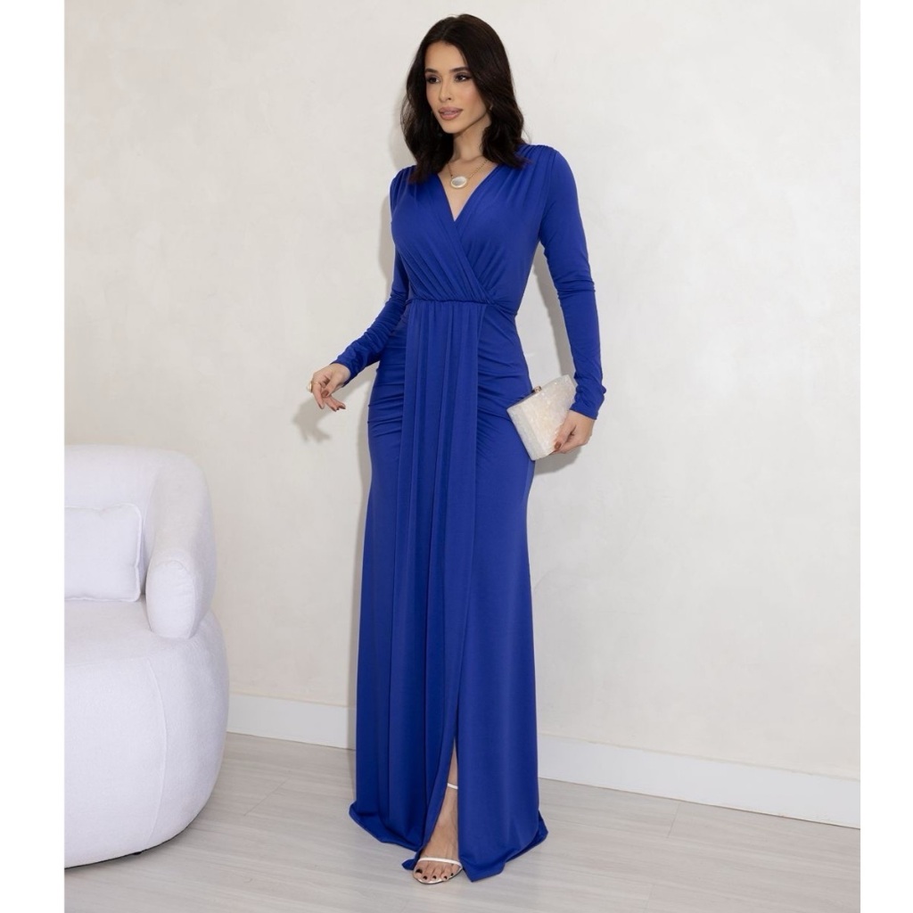 Vestido festa manga longa drapeado com fenda casamento madrinha — imagem 2 de 2