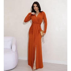 Vestido festa manga longa drapeado com fenda casamento madrinha