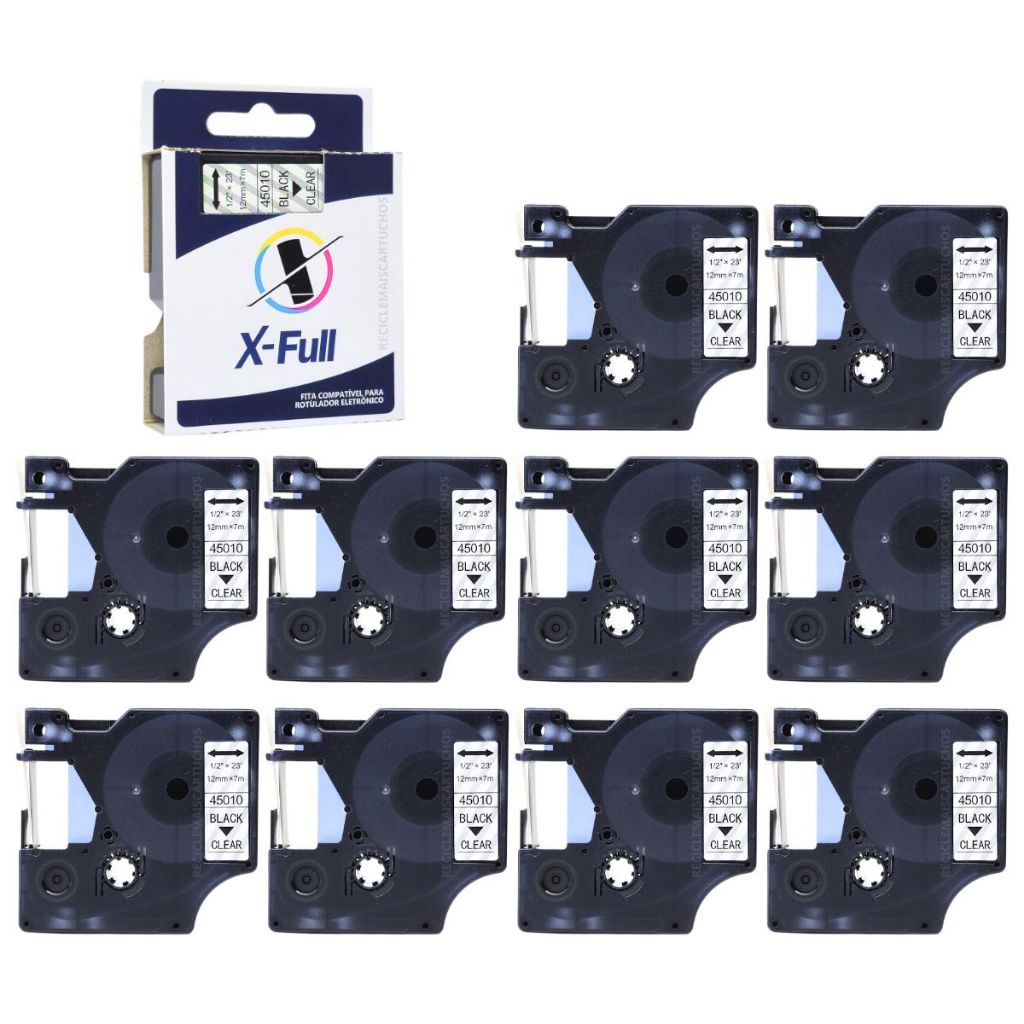 10 Fita Compatível 45010 12mm 7m Preto No Transparente Dymo D1 3M PL100 PL150 PL200 PL300 Rhino PRO 4200 5200 X-full