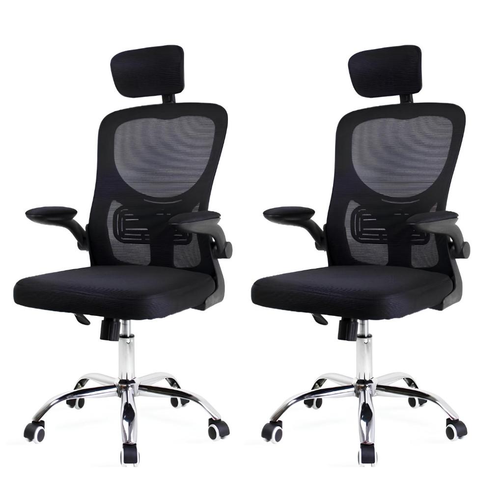Kit 2 Cadeiras de Escritório Momo Design Diretor Ergonômica Mesh Preta Reclinável Com Apoio de Cebeça e Rodinhas