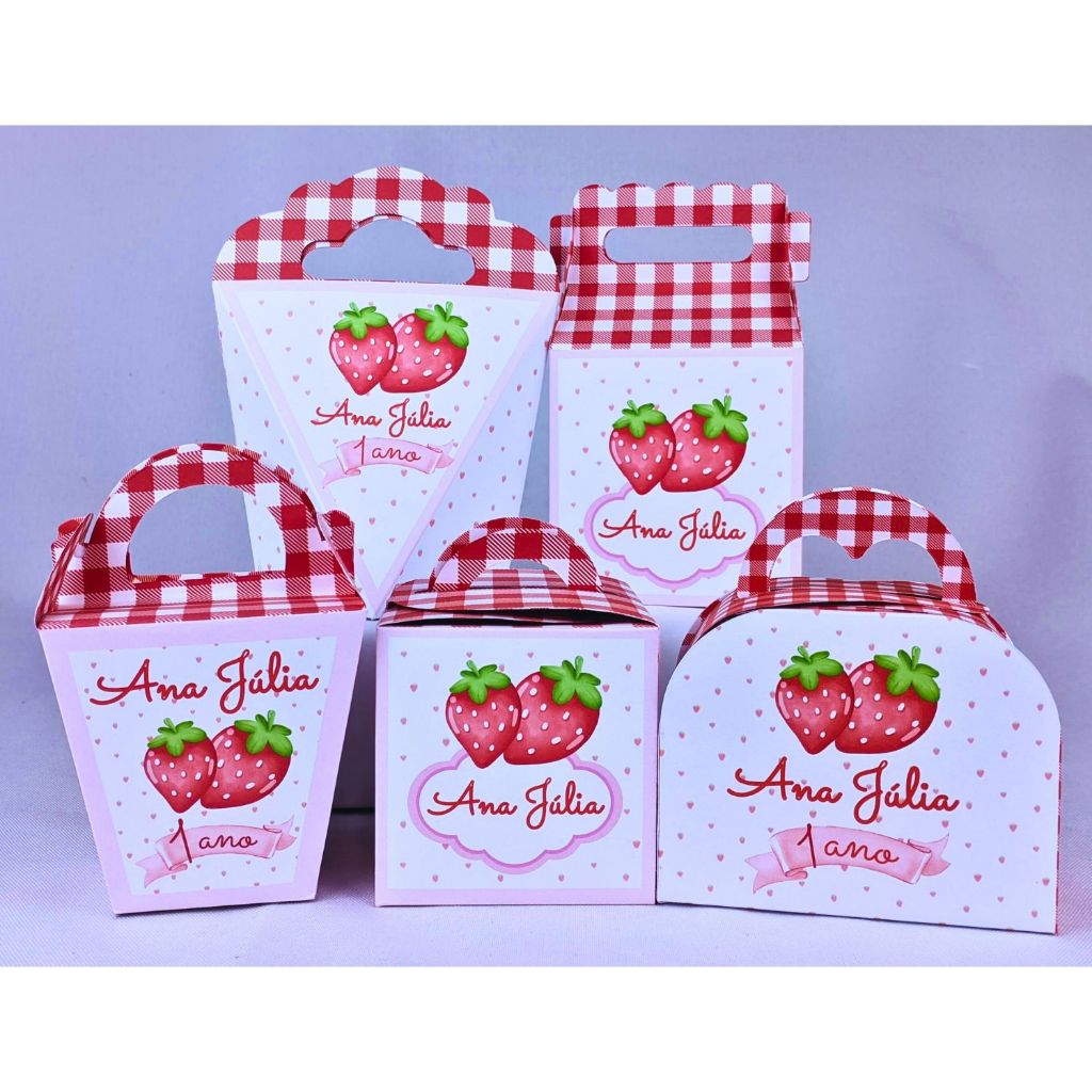 Kit 20 a 50 Caixinha Morango Moranguinho Maleta, Coração, Cubo, Maleta Coração, Sushi Com Alça Papel Offset