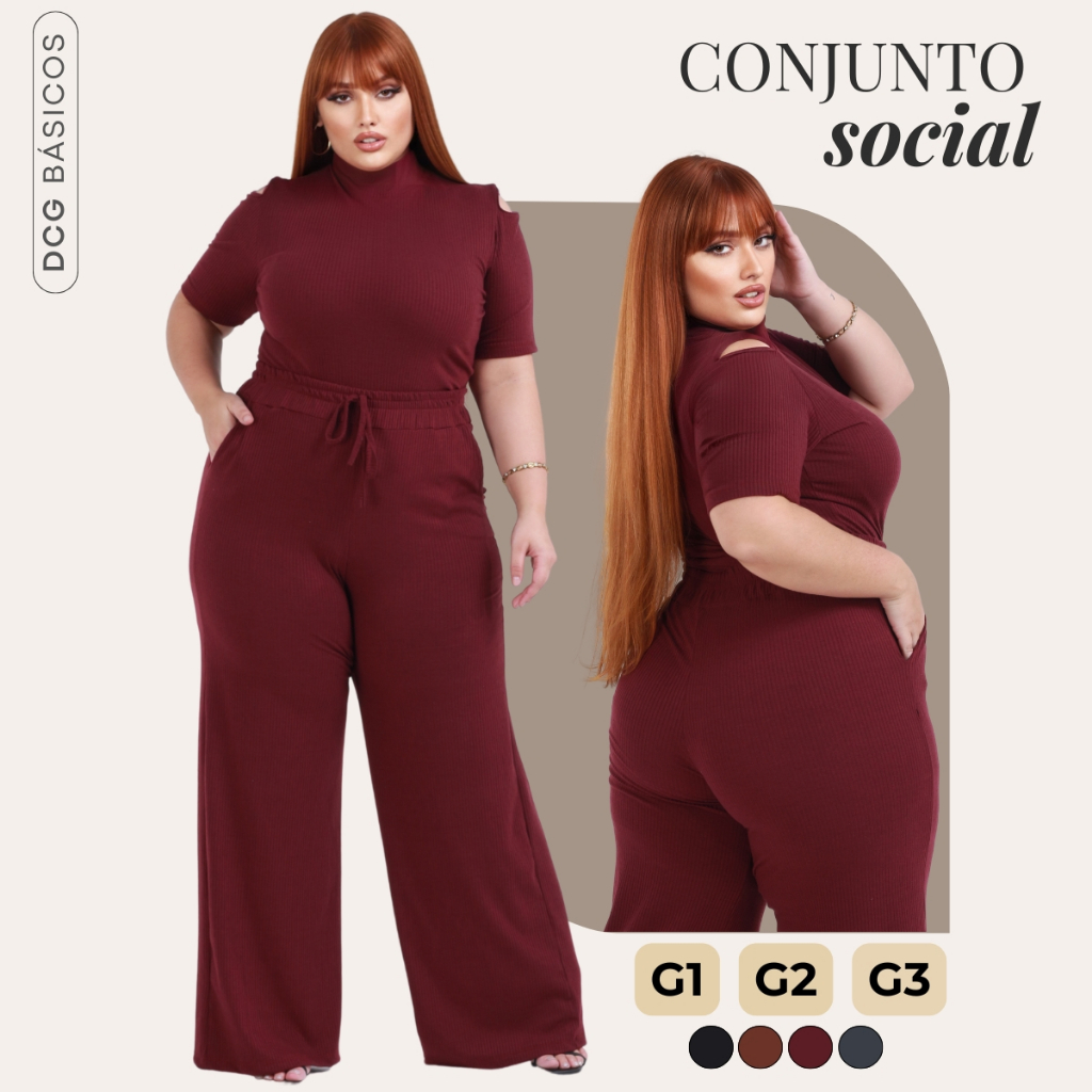Conjunto Plus Size Calça Pantalona  Wide Leg e Blusa Casual