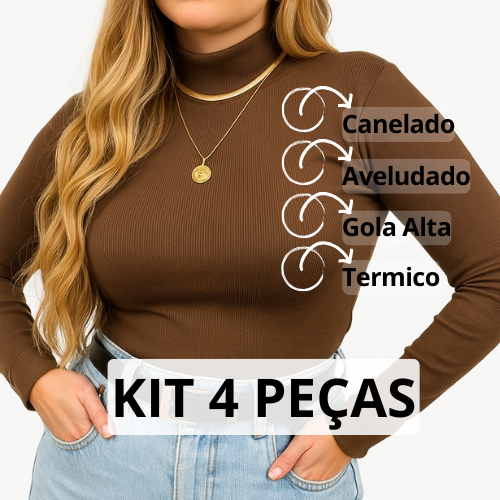 Kit 4 Blusas Cacharrel Canelada Feminina T-Shirt Gola Alta Peluciada Térmica Inverno Flanelada Tendência 2025