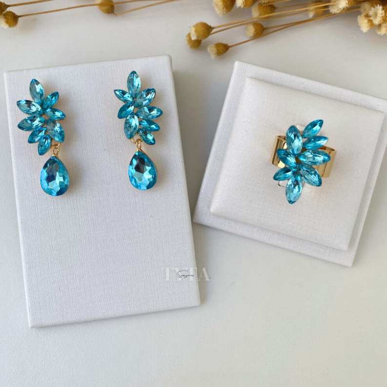 Brinco e anel azul turquesa com banho de ouro / brinco azul turquesa lorena