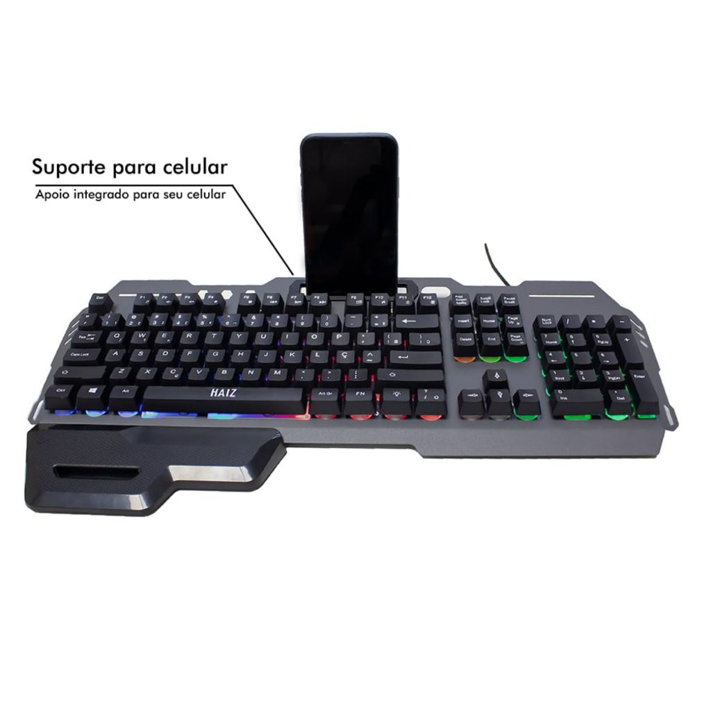 Teclado Gamer com LED RGB Rainbow Estrutura Resistente em Chapa de Ferro Metálica Apoio de Mãos Largo e Suporte em Oferta na Shopee