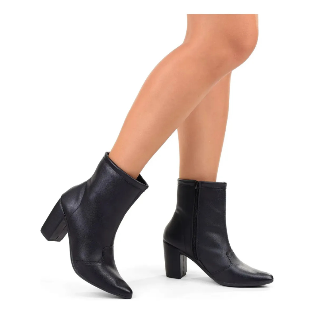 Bota Bico Fino Salto Grosso Cano Curto Feminina Com Zíper Preto Caramelo Confortável Leve