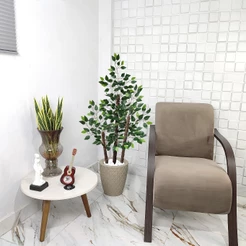 Planta Artificial Fícus Verde Vaso Cone Mármore Figueira Benjamina Pedra