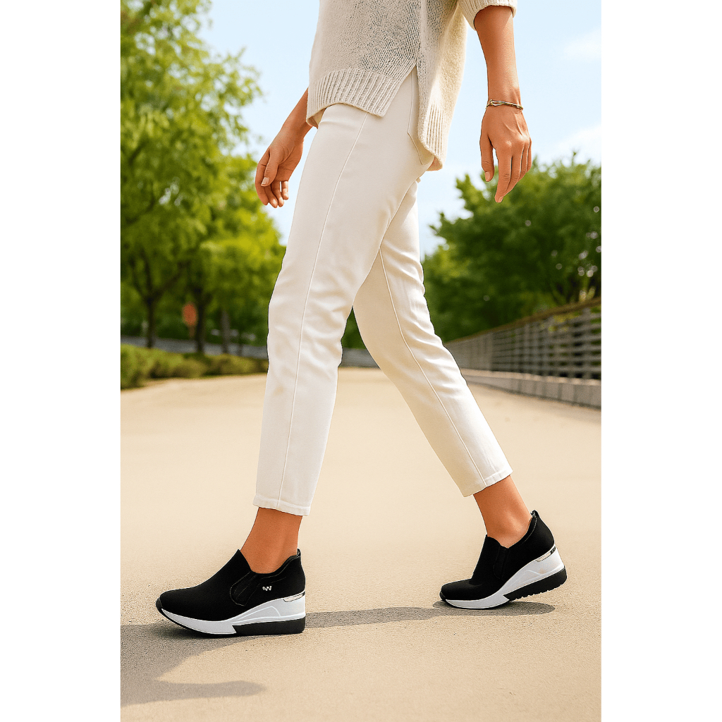 Tênis Feminino Via Marte Original Anabela Plataforma Slip On Conforto Cadarço Amarrar Preto Bege