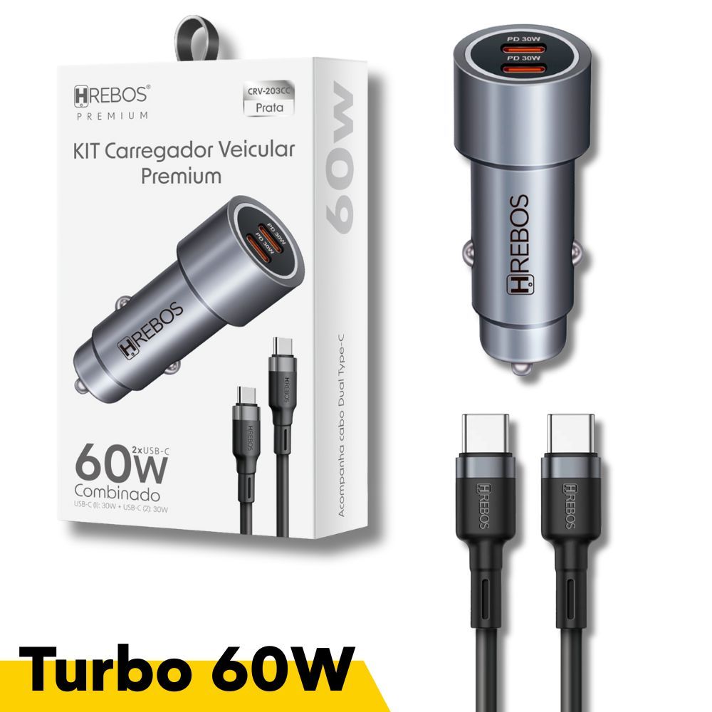 Kit Carregador Veicular Carro Premium 60w - Dual USB-C + Cabo Type-C x Type-C Hrebos