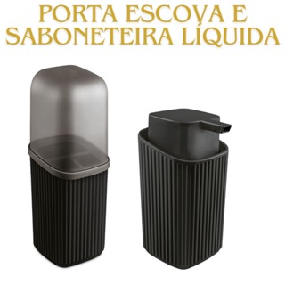 Kit Porta Escova C/Tampa + Saboneteira liquida Banheiro em Oferta na Shopee
