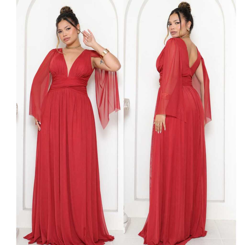 Vestido Longo  Elegante Decote V Tule - Madrinha, Festa, Casamento em Oferta na Shopee