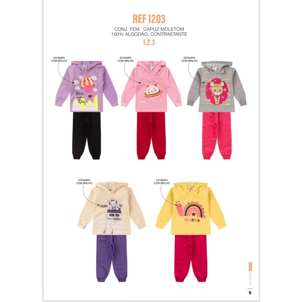 Kit 6 Peças de Moletom Infantil Feminino com Capuz Estampas Divertidas e com Brilho Tam. 1 ao 14