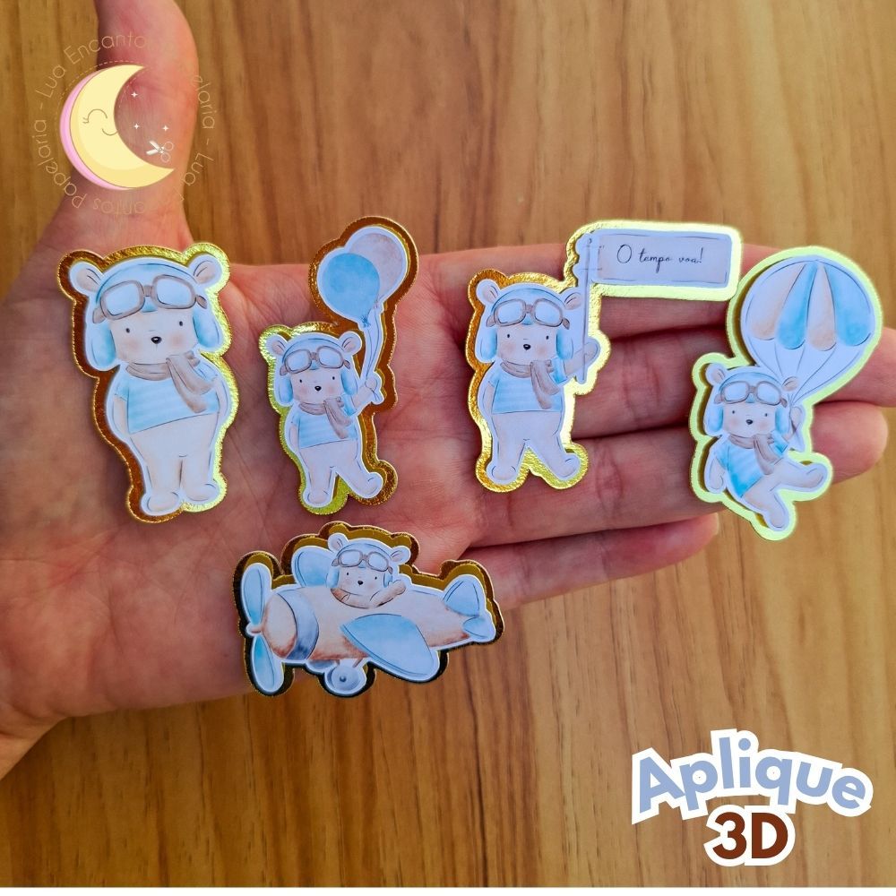 Aplique 3D Ursinho Aviador Personalizado para Lembrancinhas Festa Infantil