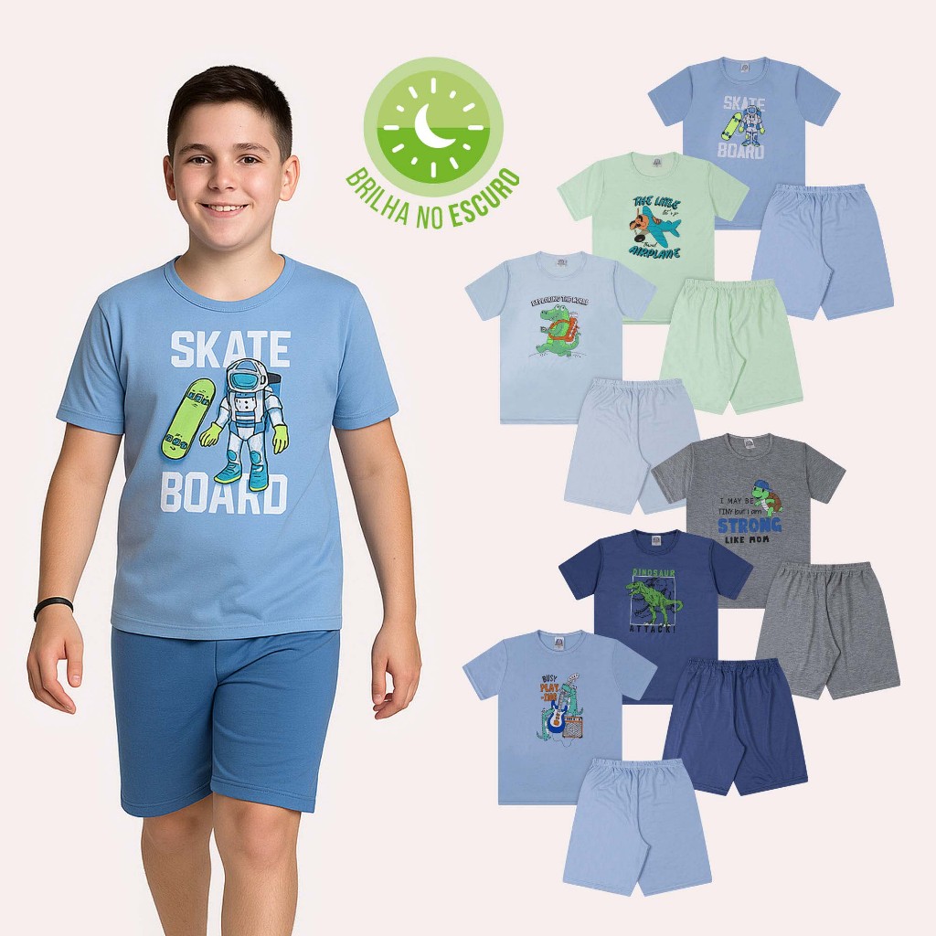 Kit 6 Peças Sortido Pijama Conjunto Infantil Menino - 3 Camisetas + 3 Bermudas de Roupa Verão
