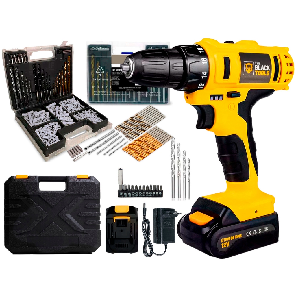 Kit Furadeira Parafusadeira 12v Bivolt The Black Tools Com Jogo De Brocas 300 Peças e Maleta