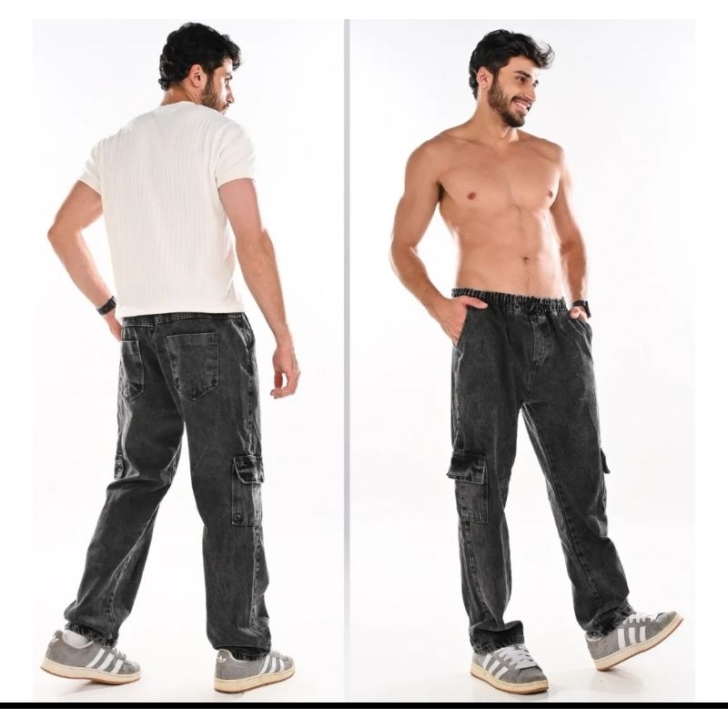 Calça Cargo Masculina Jeans Cós Elástico Preta Mescla Larga Streetwear Estonada