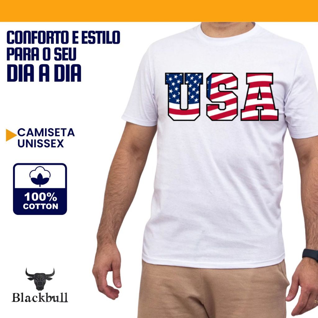 Camiseta Camisa estampada USA masculina   unissex Gola Redonda 100% Algodão Fio 30.1 PENTEADO