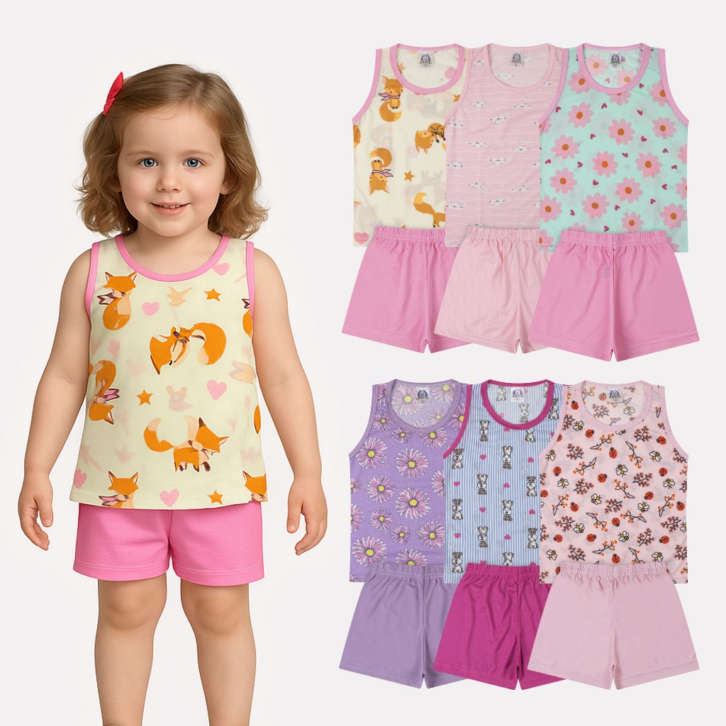 Pijama Infantil 1 Conjunto - Kit 2 Conjuntos - Kit 3 Conjuntos Menina Regata Sortidas Verão Tam 2ao8