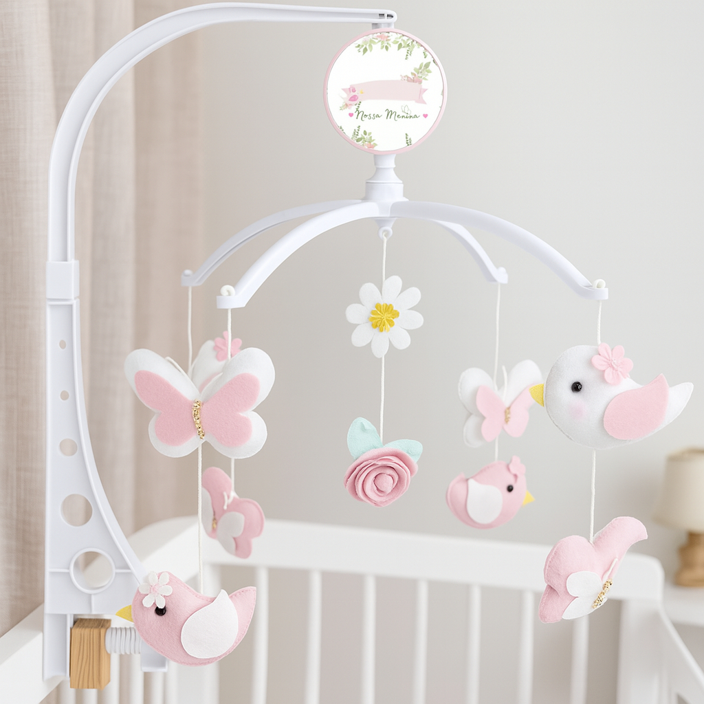 Mobile Musical bebê Giratório Pássaros Passarinho Borboletas Rosa