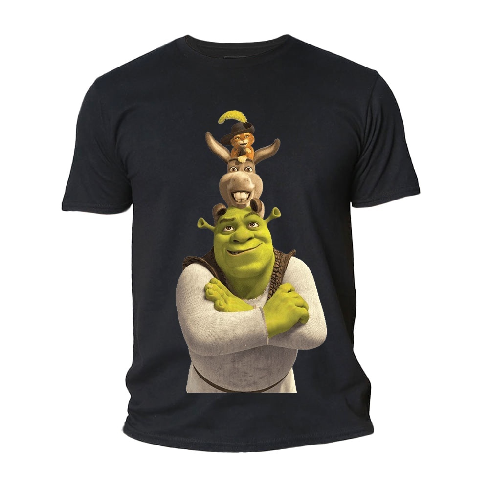 Camiseta Sherek Blusa Básica Unissex Camisa Preta Lançamento Burro Gato de Botas