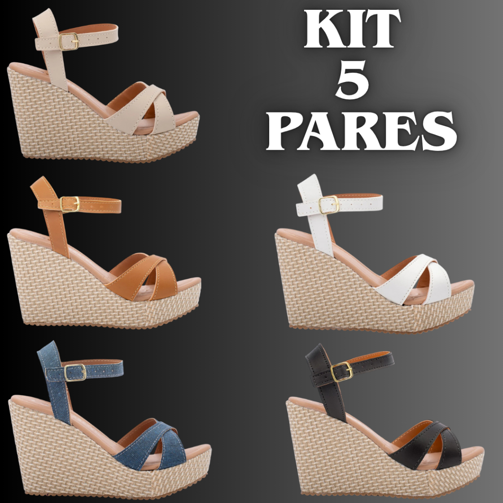 Kit 5 Pares Sandália Anabela Feminina Sapato Salto Médio Tamanco Confortável  Envio Rápido