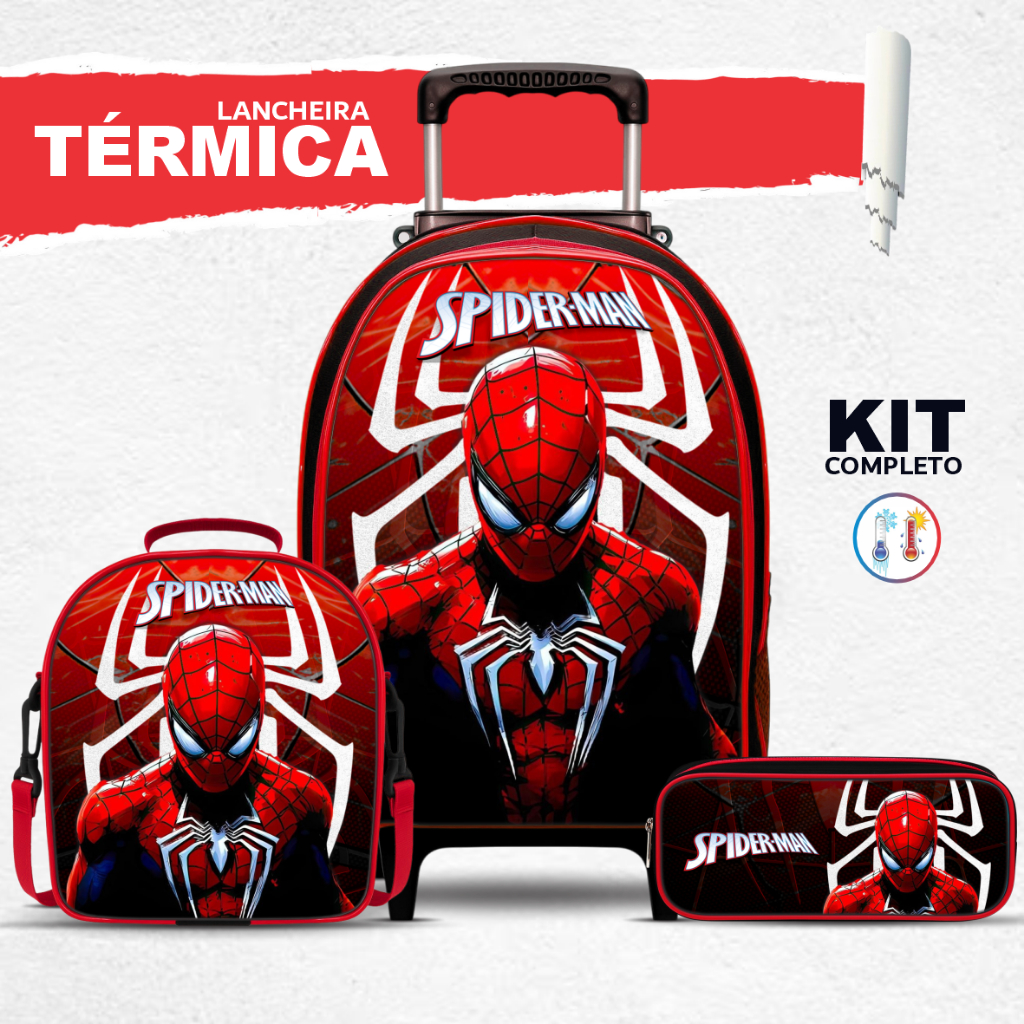 Kit Mochila Escolar Aranha com Lancheira TÉRMICA e Estojo BOX - Rodinha - Menino - Masculi...