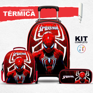 Mochila Escolar Aranha com Lancheira TÉRMICA e Estojo BOX - Rodinha - Menino - Masculino