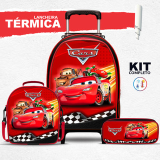 Kit Mochila Escolar Carros com Lancheira TÉRMICA e Estojo BOX - Rodinha - Menino - Mascul…