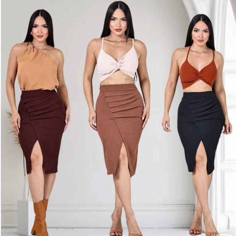 Saia Midi Drapeada de Fenda  Anarruga em Oferta na Shopee