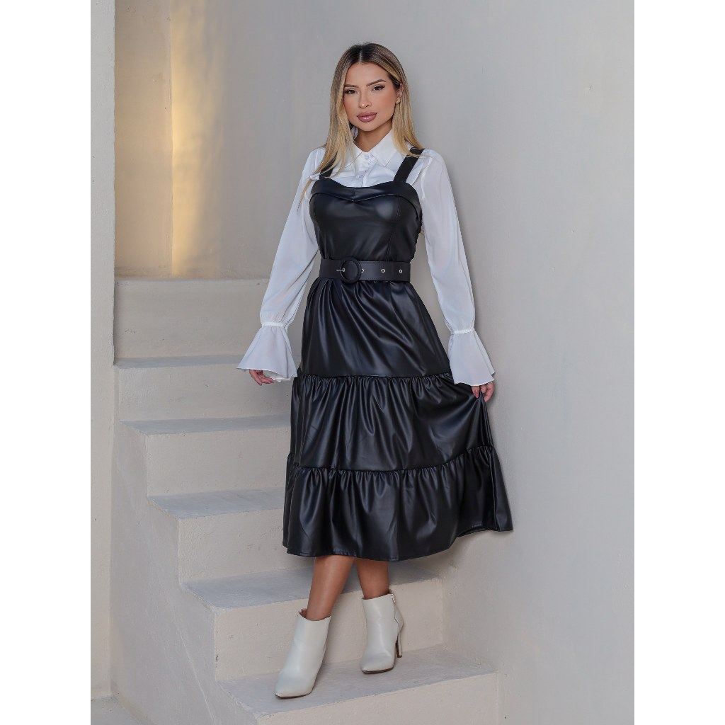 Vestido Longo 3 Marias Couro Courino Sintetico com bojo e Cinto Encapado Super fashion em Oferta na Shopee
