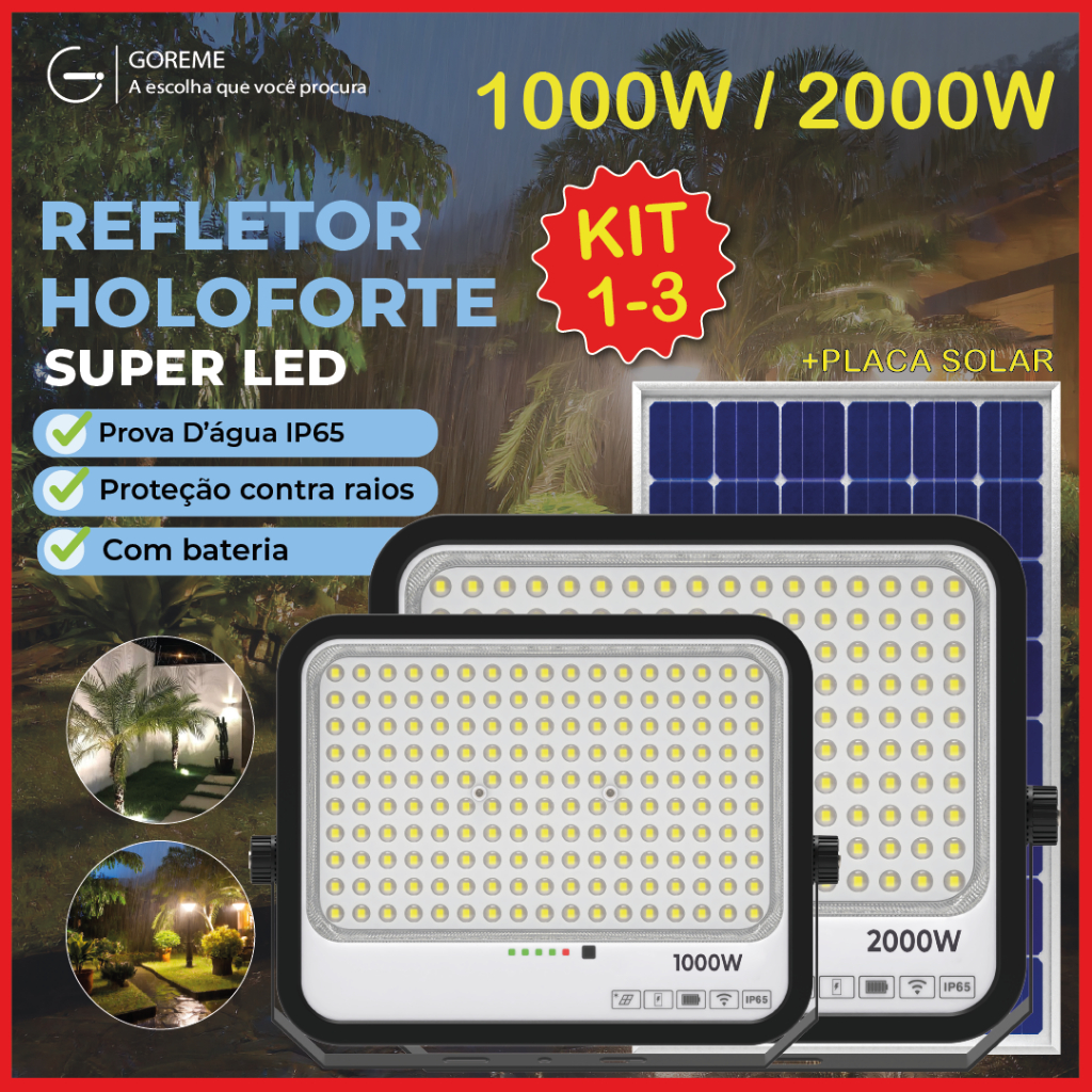 Holofote Solar Refletor Led 2000W ou 1000w Prova D'àgua C/placa Solar para ambientes externos