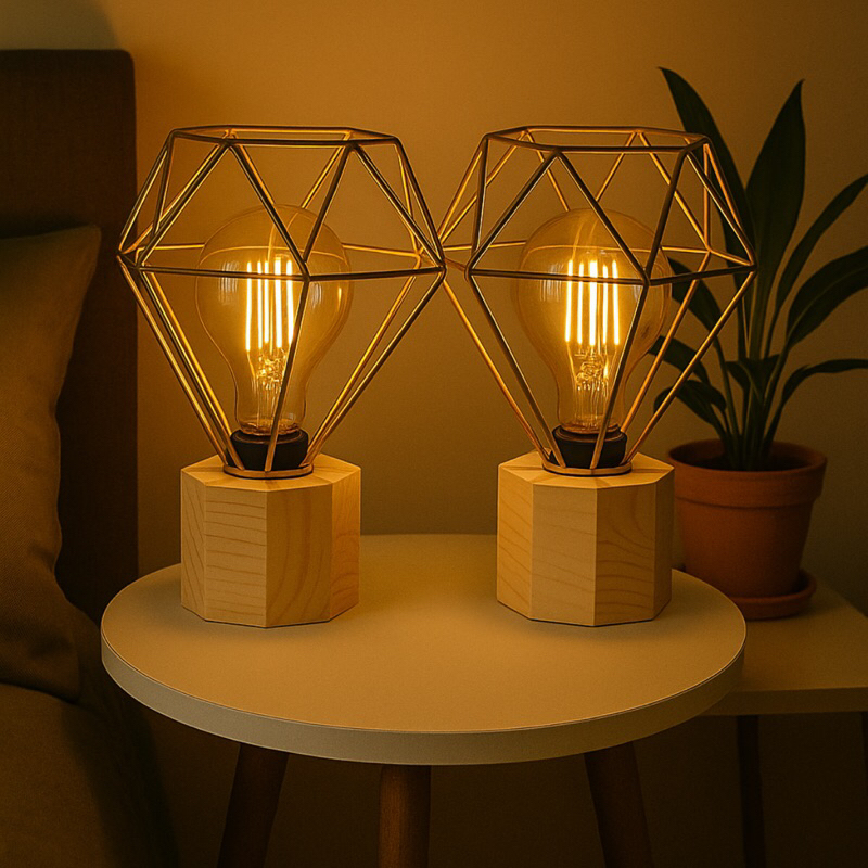 Kit Com 2 Luminária Mesa Abajur, Decoração Para Quarto, Decoração Sala, Cubo De 8 Lados De Madeira Com Aramado Diamante