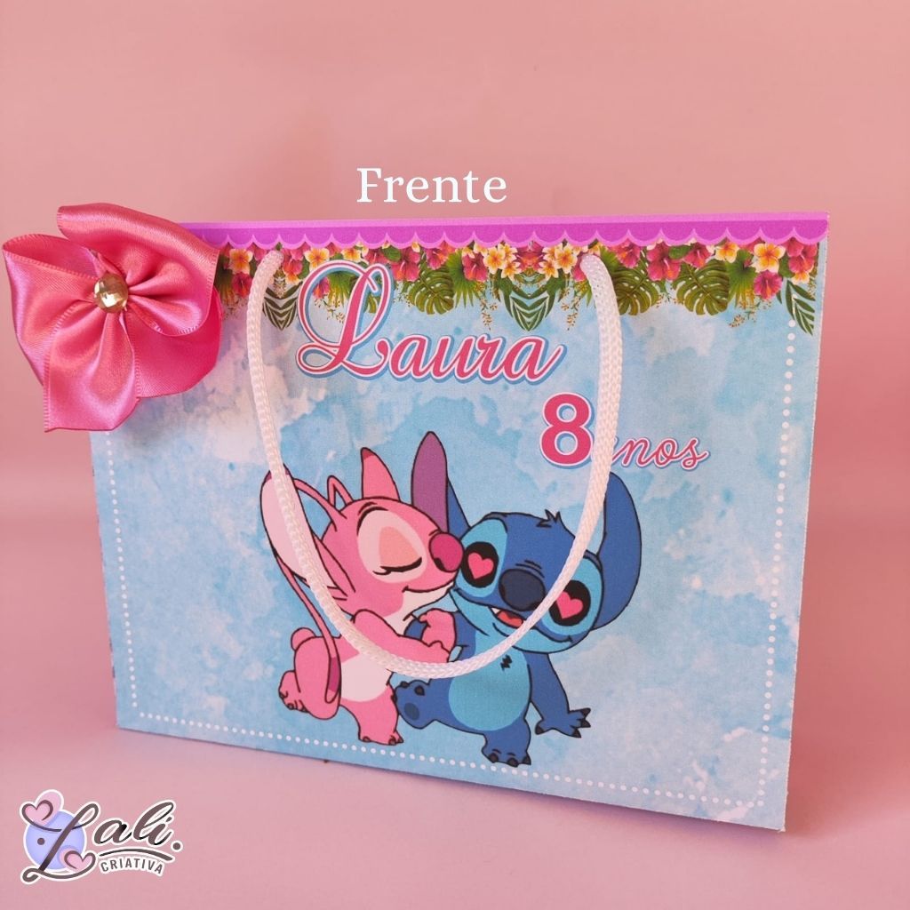 Sacolinha Stitch e Angel Personalizada | Pegue e Monte | Lembrancinha Festa Infantil
