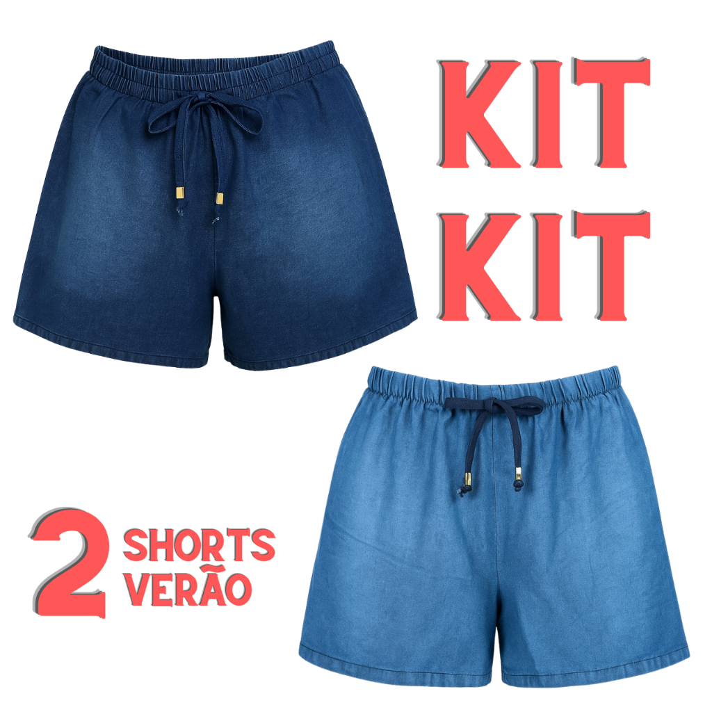 Kit 2 Short Casual Feminino Jeans Soltinho Cintura Alta Leve Verão Com Elástico Confortável em Oferta na Shopee