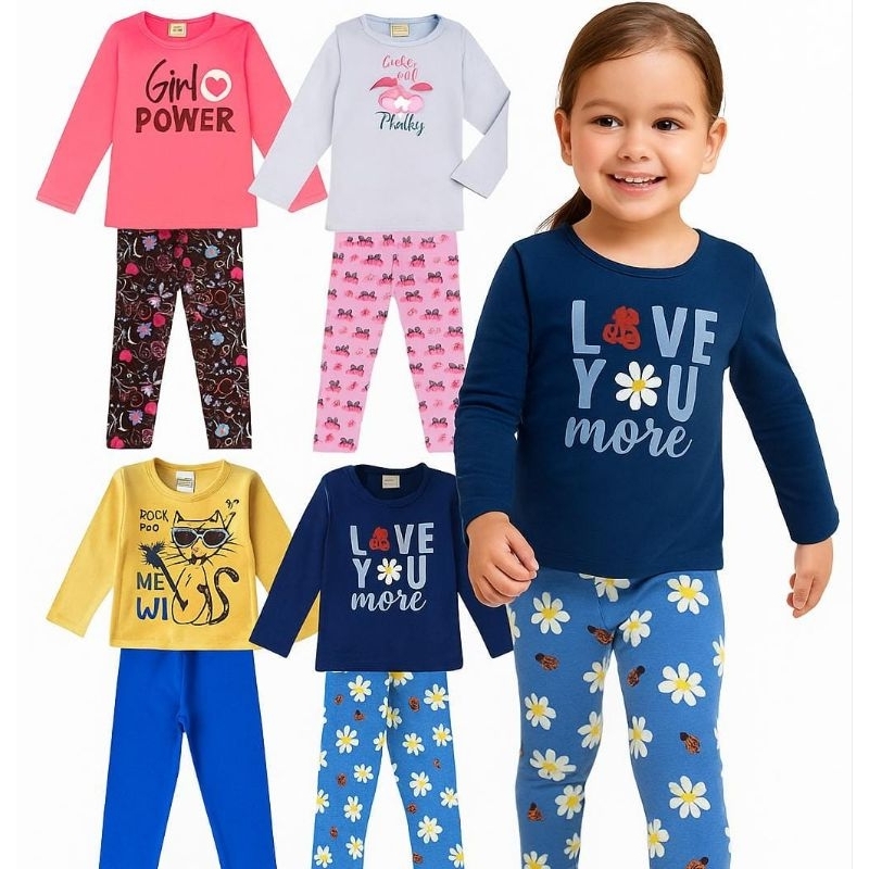 Conjunto infantil menina estampa sortida roupas menina blusa e legging