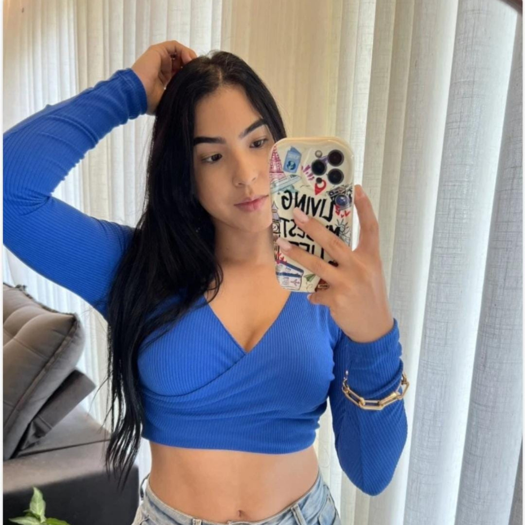 Blusa Feminina Cropped Manga Longa Canelado Transpassado