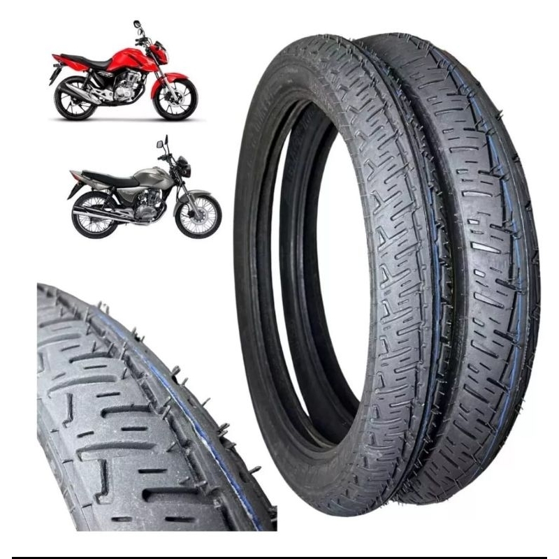 Par pneus kit 02 pneus CG Titan, Fan, Fan, Factor dianteiro 80/100/18 e traseiro 90/90/18 Par pneus kit 02 pneus CG Titan, Fan, Fan, Factor dianteiro 80/100/18 e traseiro 90/90/18