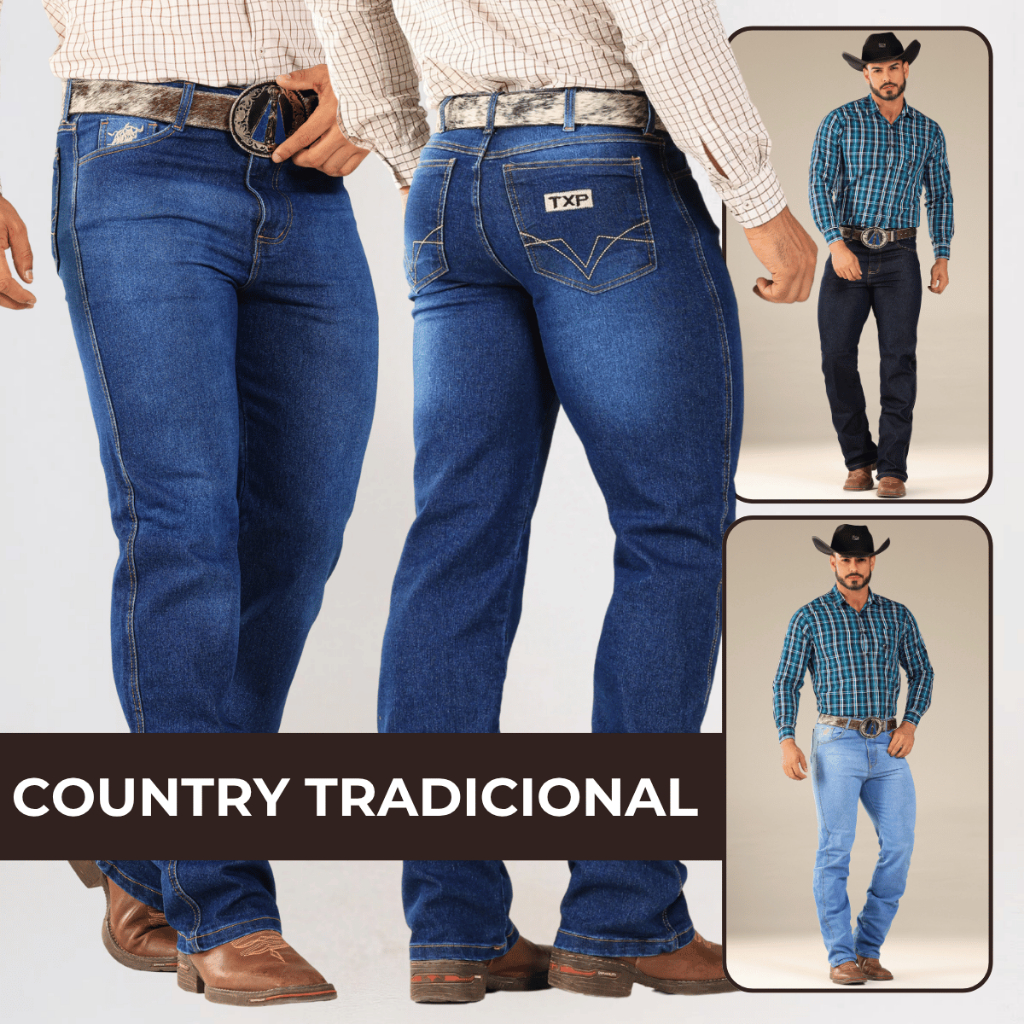 Calça Country Masculina Tradicional Premium Jeans Reforçada para Rodeio Trabalho Carpinteiro Cowboy