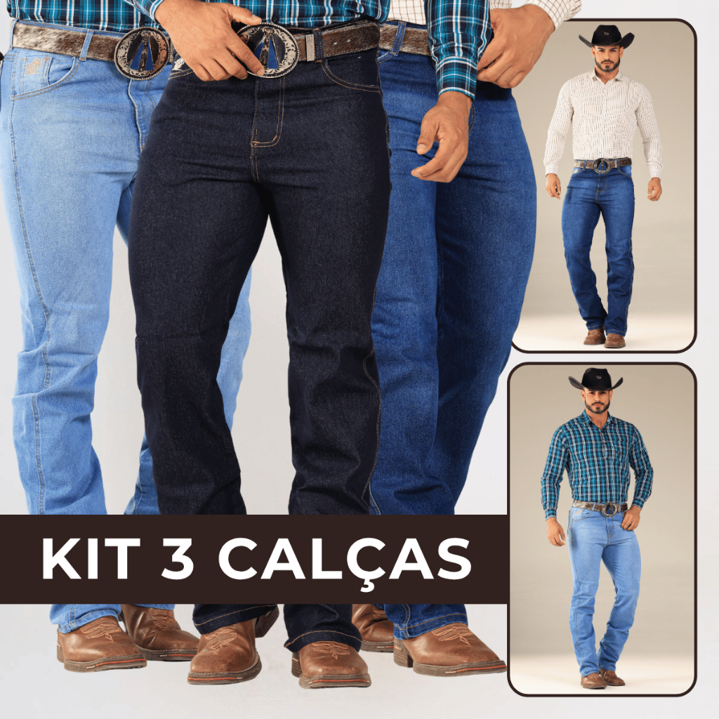 KIT 3 Calças Country Masculina Tradicional Premium Jeans Reforçada Rodeio Trabalho Cowboy