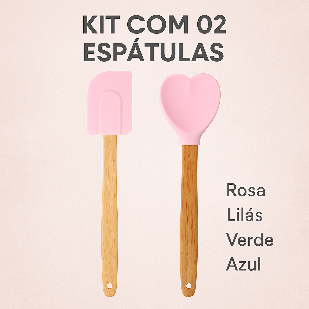 Kit com 2 Espátulas Colher de Silicone Coração e Espátula Pao Duro Cabo Bambu, Envio Imediato